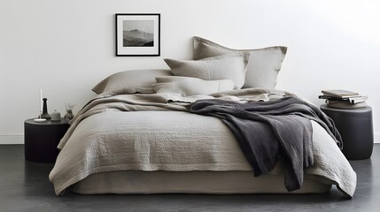 A minimalist bedroom featuring a platform bed, neutral bedding, and a single framed piece of wall art.