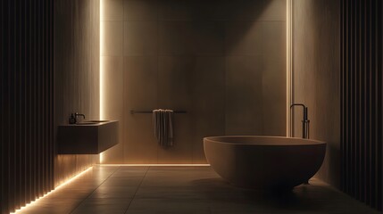 A high-ceilinged bathroom featuring a freestanding tub, a floating vanity, and soft recessed lighting.