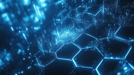 Obraz premium Abstract representation of interconnected hexagonal structures in a glowing digital landscape.
