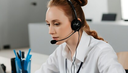 Female call center agent at a remote work setting, wearing headphones and focusing on job duties.