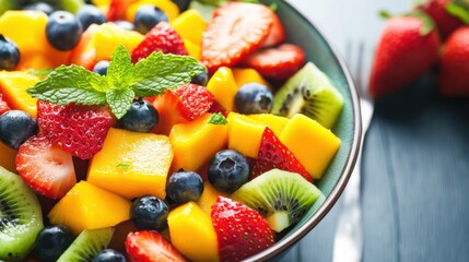 A colorful fruit salad featuring strawberries, blueberries, mango