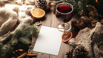 Christmas table with wine and a white sheet of paper