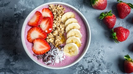 A colorful fruit smoothie bowl topped with sliced bananas, strawberries, granola