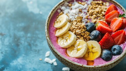 A colorful fruit smoothie bowl topped with sliced bananas, strawberries, granola