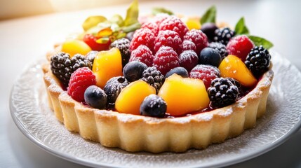 A colorful fruit tart adorned with a medley of fresh berries and glazed with apricot jam, served on a buttery pastry crust, Fruit tart centered