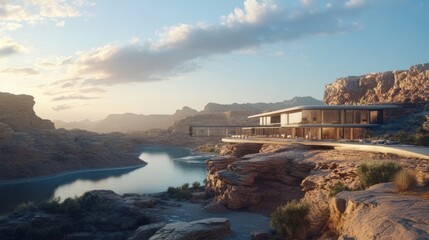 Modern desert house perched on a cliff overlooking a serene lake at sunset.