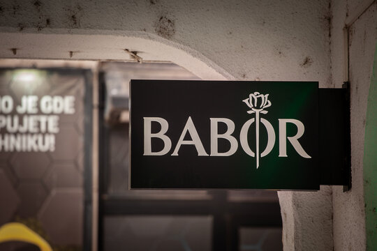 BELGRADE, SERBIA - OCTOBER 12, 2024: Babor logo on their retailer in Belgrade, Serbia. babor is a german cosmetics brand spread in europe.