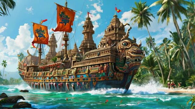 A massive Chola warship, carved with intricate animal motifs, sails through tropical waters. Soldiers with spears and shields stand ready, and the ship&rsquo;s tall mast displays a colorful flag bearing a t