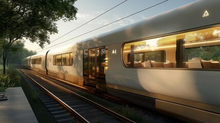 Naklejka premium A sleek electric train travels along tracks bordered by lush greenery during golden hour, showcasing its contemporary design and comfortable interior visible through expansive windows.