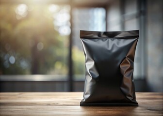 Blank Snack Mockup Black Bag Package for Creative Branding and Marketing Use with Versatile Background Options for Product Photography and Advertising Needs