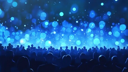 Obraz premium Vibrant Crowd Silhouette at a Mystical Concert with Shimmering Blue Lights and Bokeh Effect Creating a Magical Atmosphere for Music Enthusiasts and Event Lovers