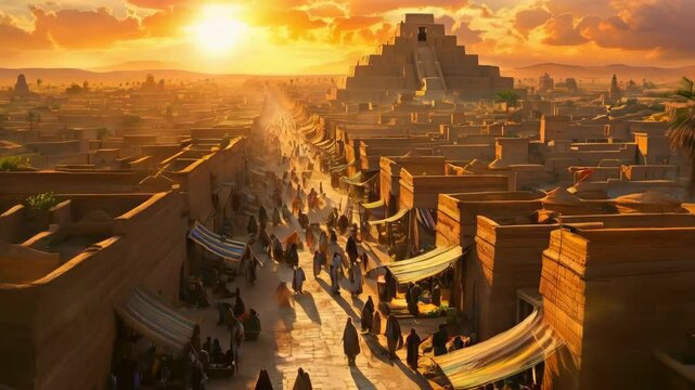 Sunrise over a Mesopotamian city, A bustling ancient city with ziggurats towering over the flat rooftops of mud-brick homes,