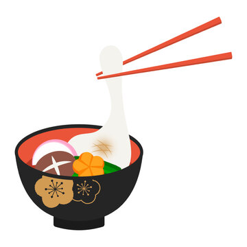 vector illustration of a bowl of Zoni with chopsticks, Japanese traditional soup dish for New Year&rsquo;s