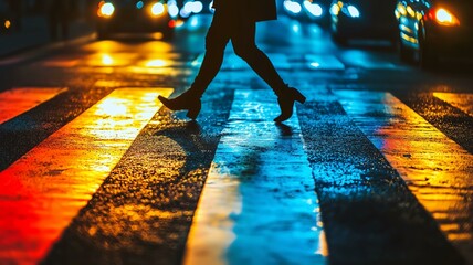 Fototapeta premium 車道を渡る人物のシルエット