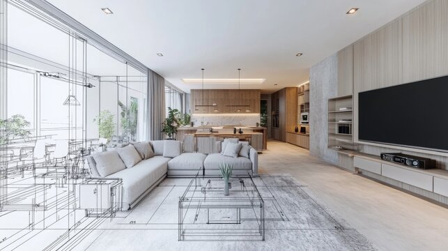 Interior design showcases a contemporary living area with a kitchen and sketch overlays illustrating design concepts. The use of natural light and minimalistic furniture enhances the open layout.