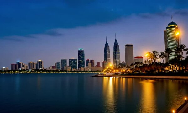 A waterfront cityscape during twilight