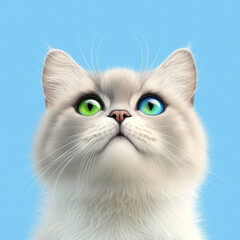 Fototapeta premium Cute grey cat with one green eye and one blue eye against blue background, showcasing its unique features and fluffy fur