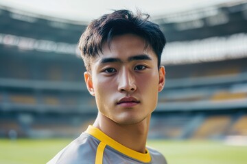 Asian soccer player wearing a blue jersey is captured in a brightly lit stadium, with the grand scale of the arena accentuating his intensity.