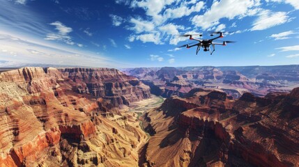 Aerial view of a drone flying over the breathtaking Grand Canyon landscape, showcasing vibrant red rocks and sprawling canyons under a blue sky.