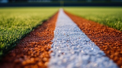 Close-Up View of a Freshly Painted White Line on a Baseball Field with Vibrant Green Grass and Organic Texture Highlighting the Game's Spirit