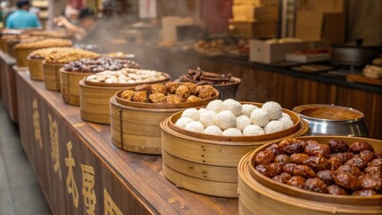 Fototapeta premium Traditional Snacks and Treats A row of tables laden with traditional snacks such as candied nuts sesame balls and rice cakes each beautifully arranged in bamboo steamers or