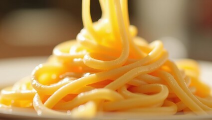 Close-up of spaghetti on a plate with a fork lifting some noodles, focus on the texture and color. Generative, AI.