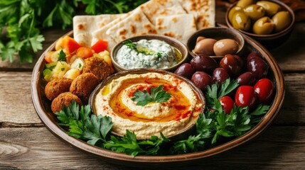 A colorful plate of Mediterranean mezze platter including hummus, falafel, tzatziki