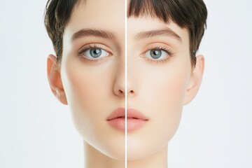 A close-up portrait of a woman with short hair, showcasing her symmetrical features and striking blue eyes in a minimalist style.