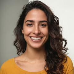 Naklejka premium a south european beautiful young adult woman with broad grin, smirking smile, dark brown curly wavy hair, yellow summer shirt, joyful good mood portrait