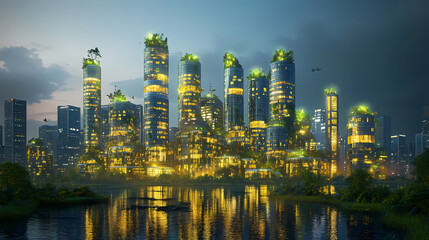 Obraz premium A solarpunk city skyline at dusk, where traditional architecture meets futuristic green tech, all illuminated by bioluminescent plants. Solarpunk. Illustration