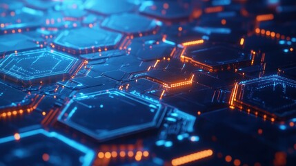 Obraz premium Abstract representation of interconnected hexagonal structures with glowing elements.