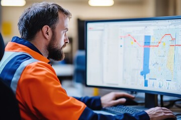 Industrial engineer in high-visibility clothing analyzing geographic information system data on computer in factory control room