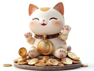 A cute chubby lucky cat cartoon character sits atop a pile of golden coins by a money fountain wishing you good luck