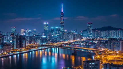 Naklejka premium Night cityscape with skyscrapers, bridges, and river reflections.
