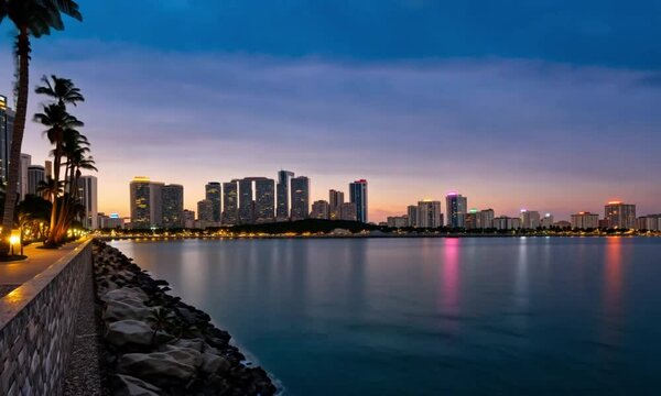 City Lights Reflecting On Calm Waterfront