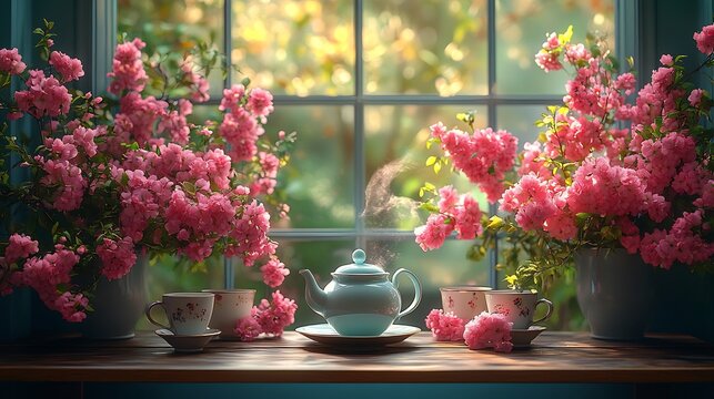 Girly cafe with a teapot pouring tea surrounded by floral decor and vintage cups