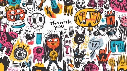 Fototapeta premium Whimsical Thank You Card with Hand-Drawn Illustrations and Playful Artistic Touch