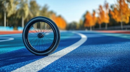 A Close-Up View of a Bike Wheel Resting on a Colorful Outdoor Track Surrounded by Autumn Trees and Bright Blue Surface in Soft Morning Light