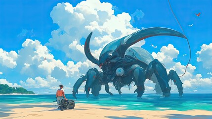 Fototapeta premium Man on Beach Gazes at Giant Mechanical Beetle