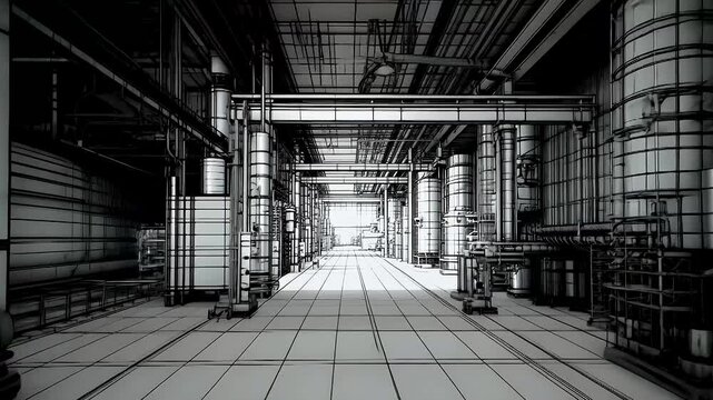 Detailed 3D sketch of spacious industrial architecture interior, highlighting pipes, machinery, and structural design elements, emphasizing modern aesthetics and depth.