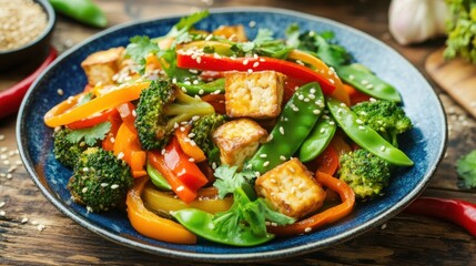 A colorful plate of vegetable stir-fry with tofu, bell peppers, broccoli