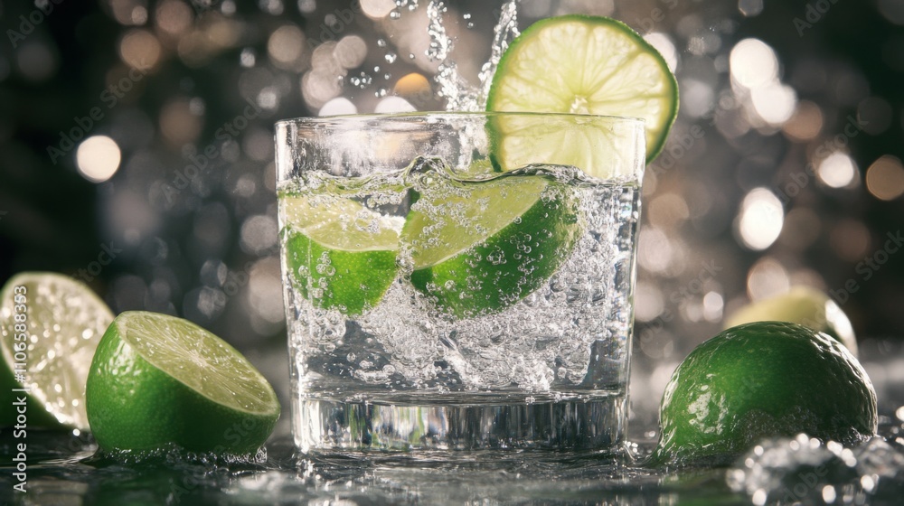 Aufkleber slices of fresh lime are splashing into a glass filled with sparkling water, creating a refreshing b