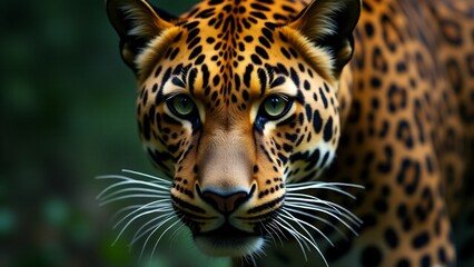 Fototapeta premium A captivating close-up of a leopard, emphasizing its unique coat and intense eyes, conveying the wild beauty and strength of this majestic predator.