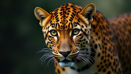 Fototapeta premium A captivating close-up of a leopard, emphasizing its unique coat and intense eyes, conveying the wild beauty and strength of this majestic predator.