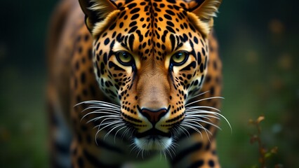 Fototapeta premium A captivating close-up of a leopard, emphasizing its unique coat and intense eyes, conveying the wild beauty and strength of this majestic predator.