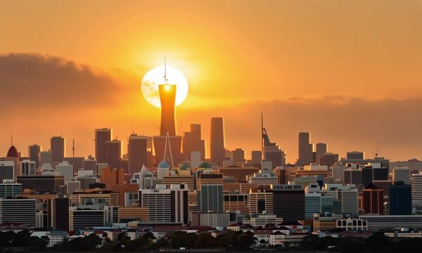 City Skyline Silhouetted by Golden Sunrise