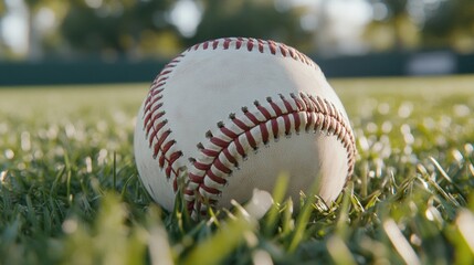Close-Up of a Baseball on Green Grass Field with Soft Focus Background, Perfect for Sports, Recreation, and Outdoor Activities Themes