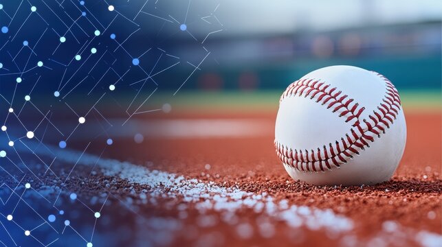 Baseball on Dirt Field with Abstract Digital Background Representing Technology and Innovation in Sports, Symbolizing Data-Driven Analytics in Baseball Training and Performance
