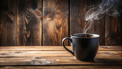 Obraz premium A steaming cup of coffee resting on a rustic wooden surface, inviting warmth and tranquility.