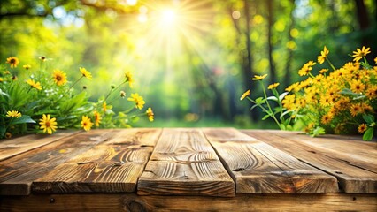Wooden Planks Resting in a Sun Drenched Meadow, Surrounded by Vibrant Blooms and Lush Green Foliage
